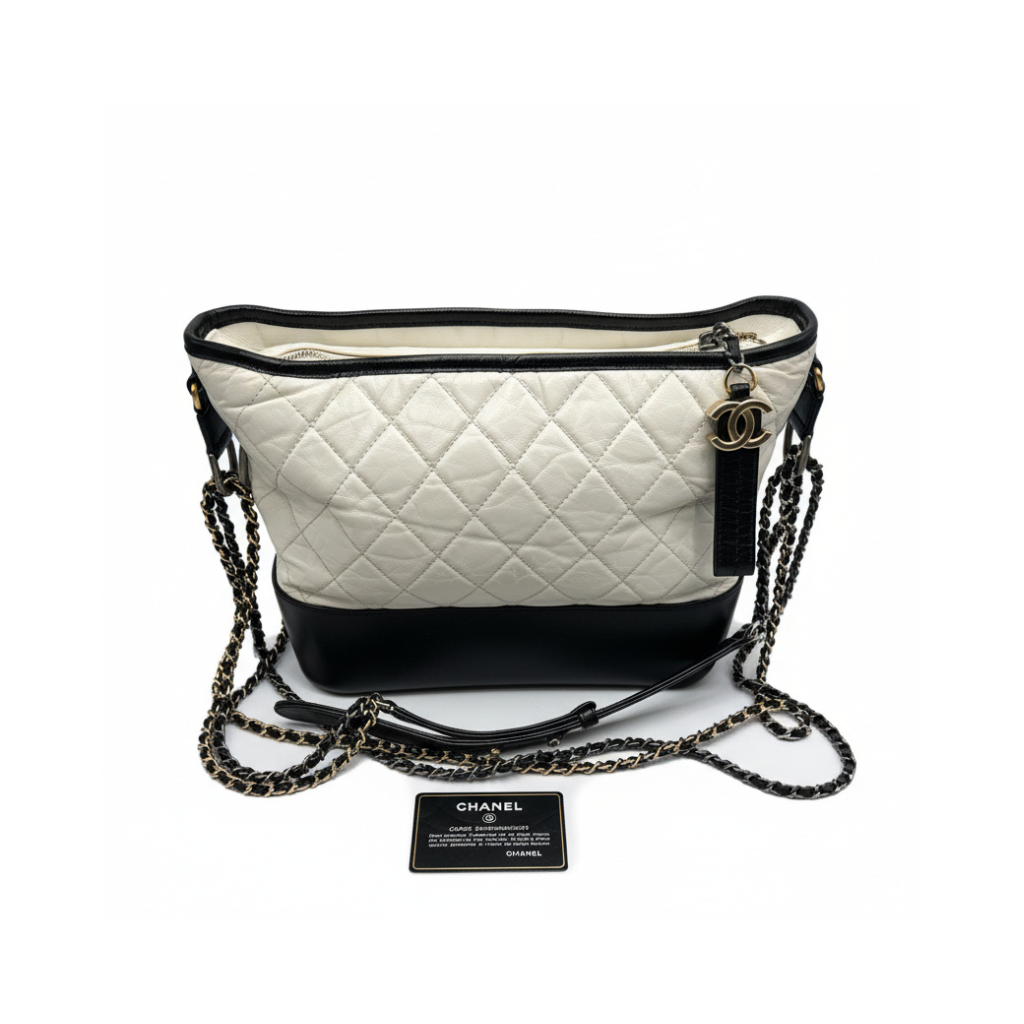 authentic chanel gabrielle hobo bag in medium size in white and black leather crossbody bag with identity card in great condition for sale 