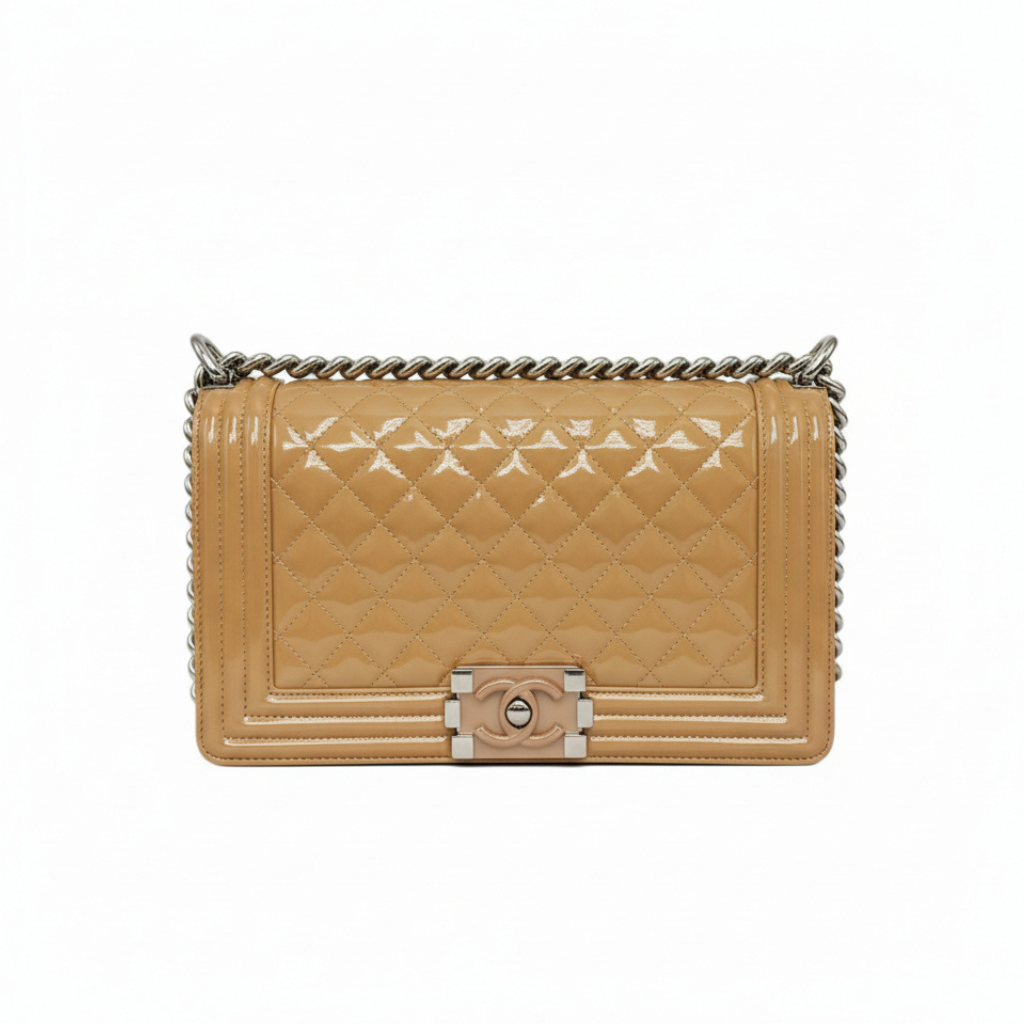 secondhand preloved chanel designer crossbody handbag in medium beige shoulder bag in excellent condition for sale 