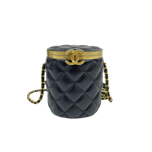 preloved authentic chanel black quilted lambskin with gold cc logo hardware and crossbody strap mini vanity box case bag for sale