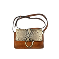 Front view of a Chloé Small Faye shoulder bag in brown suede with a python-print leather flap and gold ring hardware.