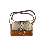 Front view of a Chloé Small Faye shoulder bag in brown suede with a python-print leather flap and gold ring hardware.