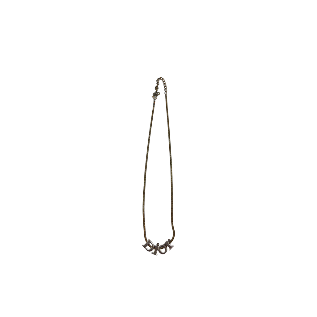 Close-up of a silver-tone Christian Dior necklace featuring a "Dior" script logo pendant on a white background.