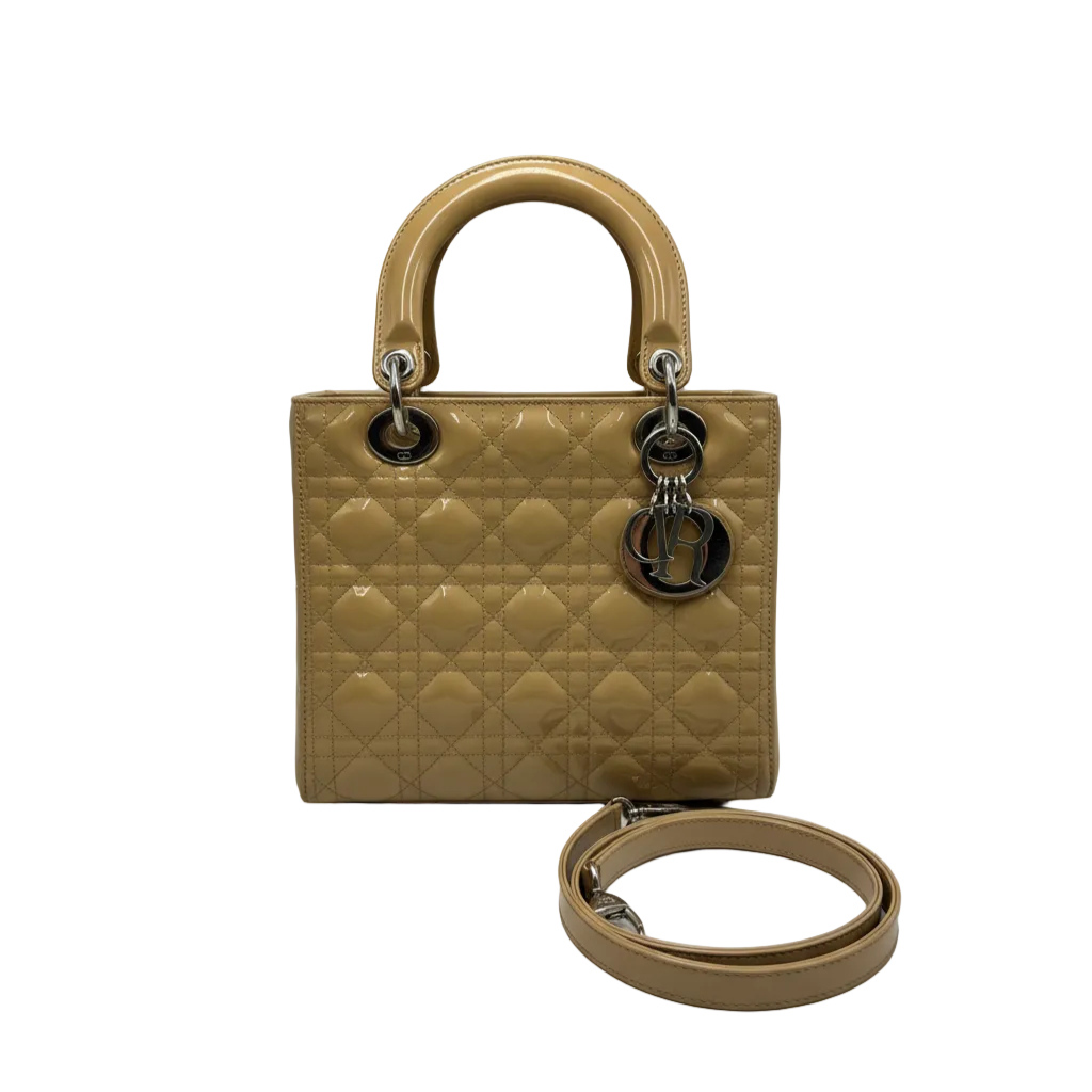 Christian Dior Medium Lady Dior Bag in Powder Beige Cannage Patent Leather