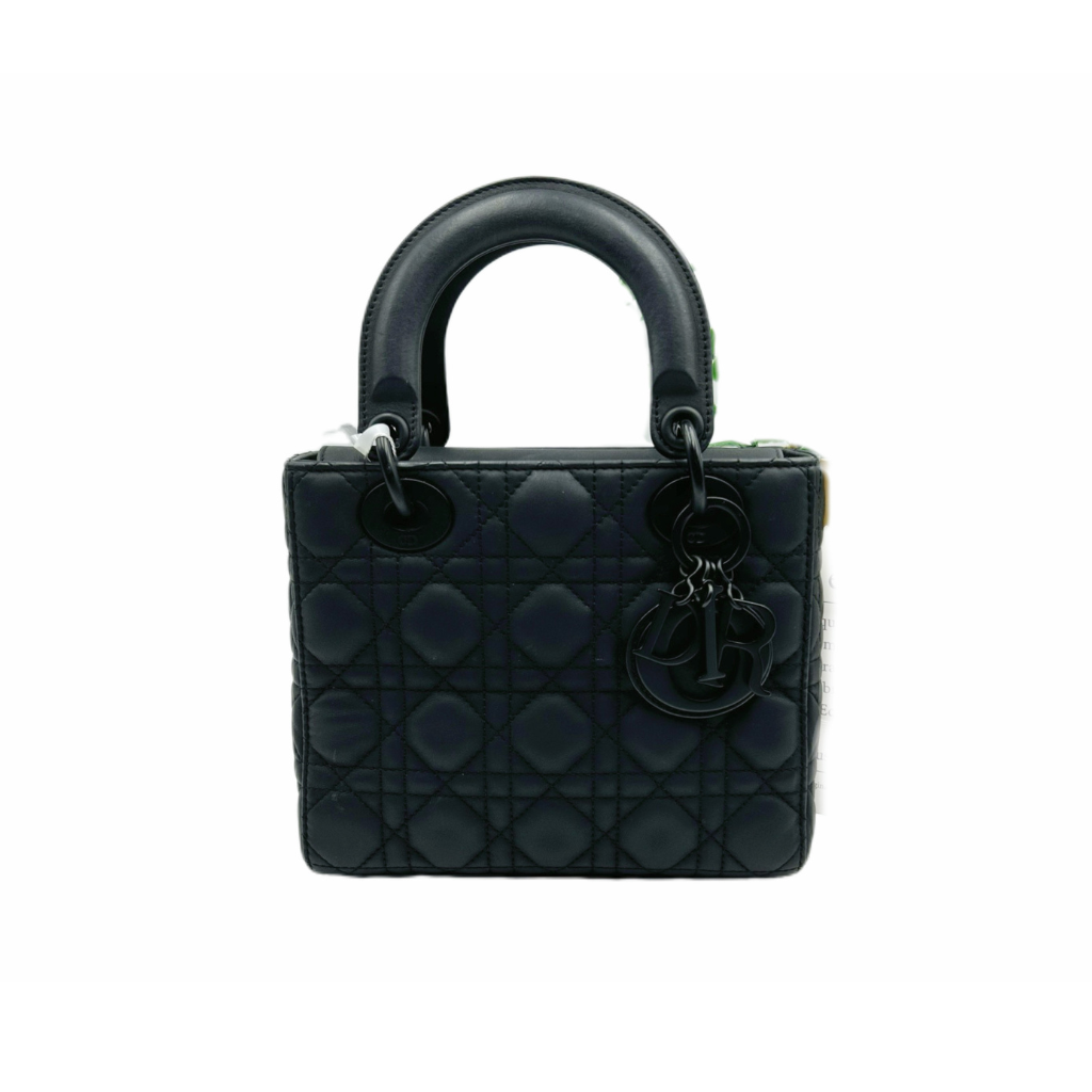 authentic secondhand christian dior mini lady dior in black lambskin with dior charms top handle with crossbody strap in great condition for sale 