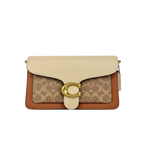 Front view of a black Coach Tabby 26 shoulder bag with a tonal black C logo and gold-tone strap hardware.