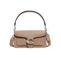 Front view of a Taupe Coach Tabby 26 bag with gold C hardware and matching crossbody strap on a white dust bag.