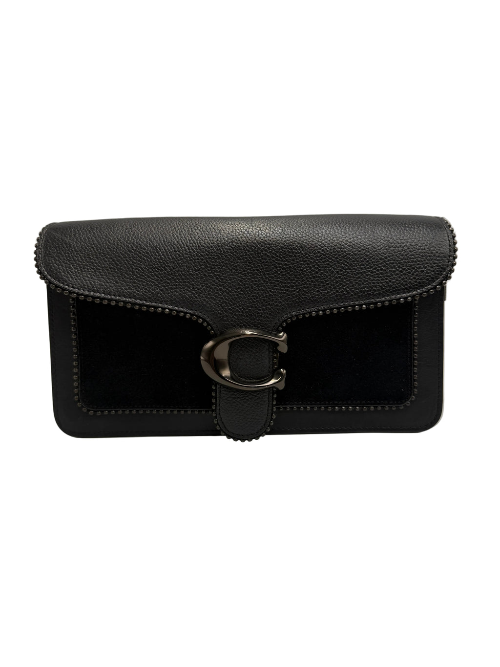 A black Coach envelope clutch bag featuring pebbled leather, suede trim, and the signature C logo turn-lock closure on a light gray background.
