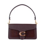 A dark brown structured handbag with a pebbled leather front flap, a suede panel, and a gold-tone C-shaped buckle closure, shown on a plain white background.