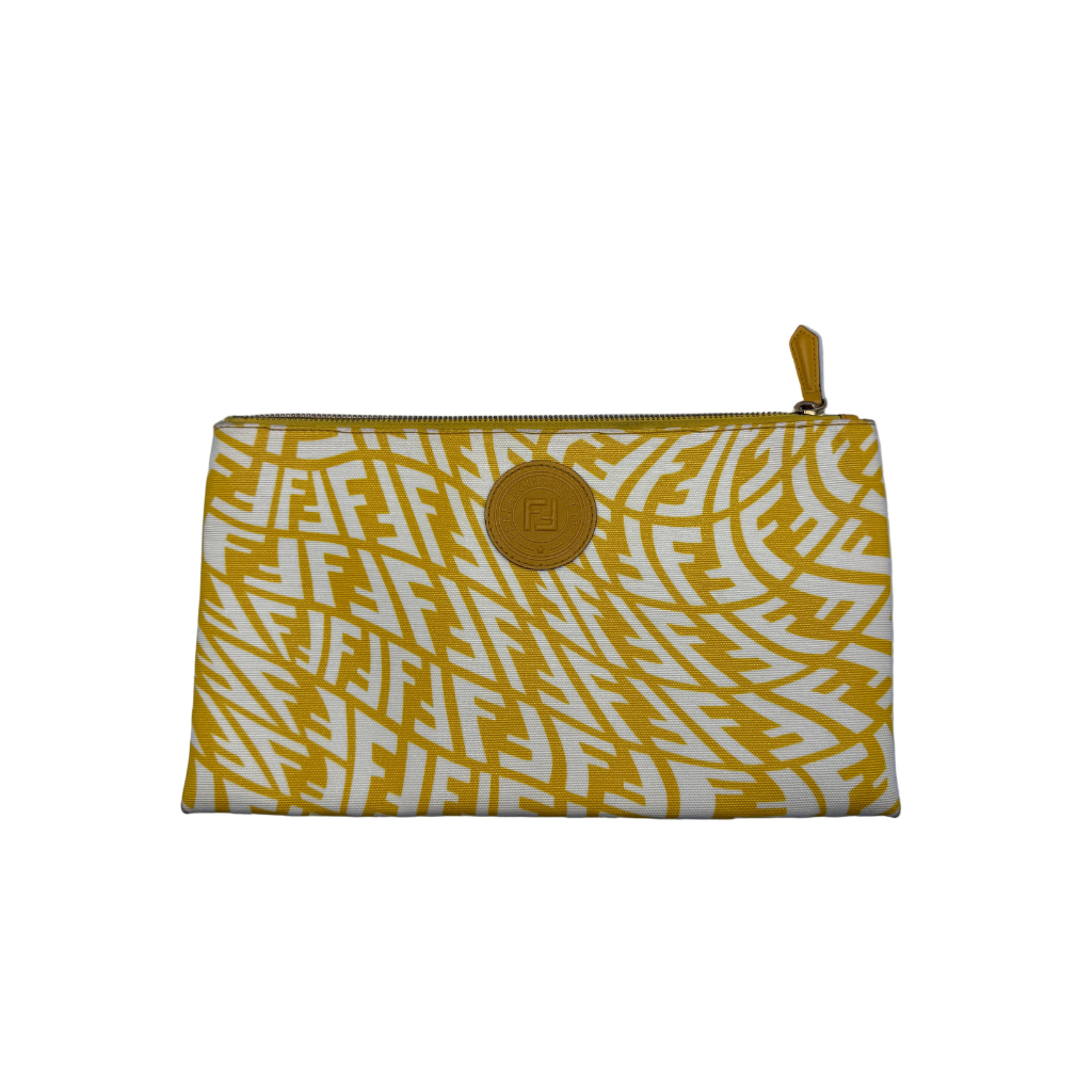 Fendi Vertigo yellow and white warped FF logo canvas pouch with leather circular logo patch and top zipper