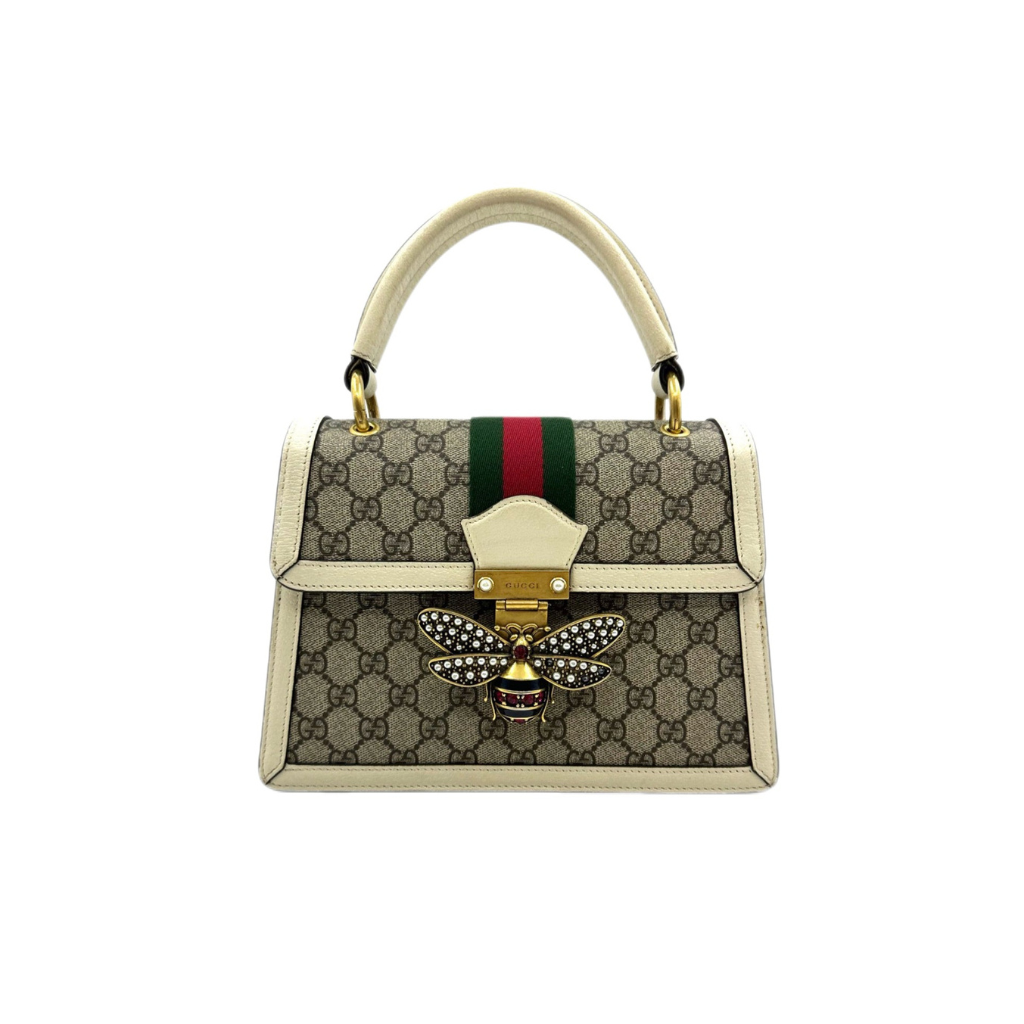 secondhand gucci queen margaret bee top handle bag with gg canvas and white leather in great condition for sale luxury designer bag