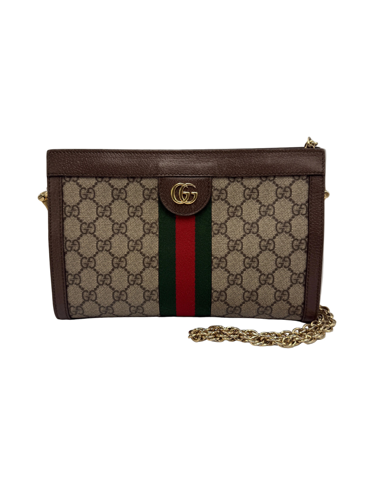 A Gucci GG Supreme canvas clutch bag with brown leather trim, a green and red web stripe, and gold-tone hardware, including a chain strap.