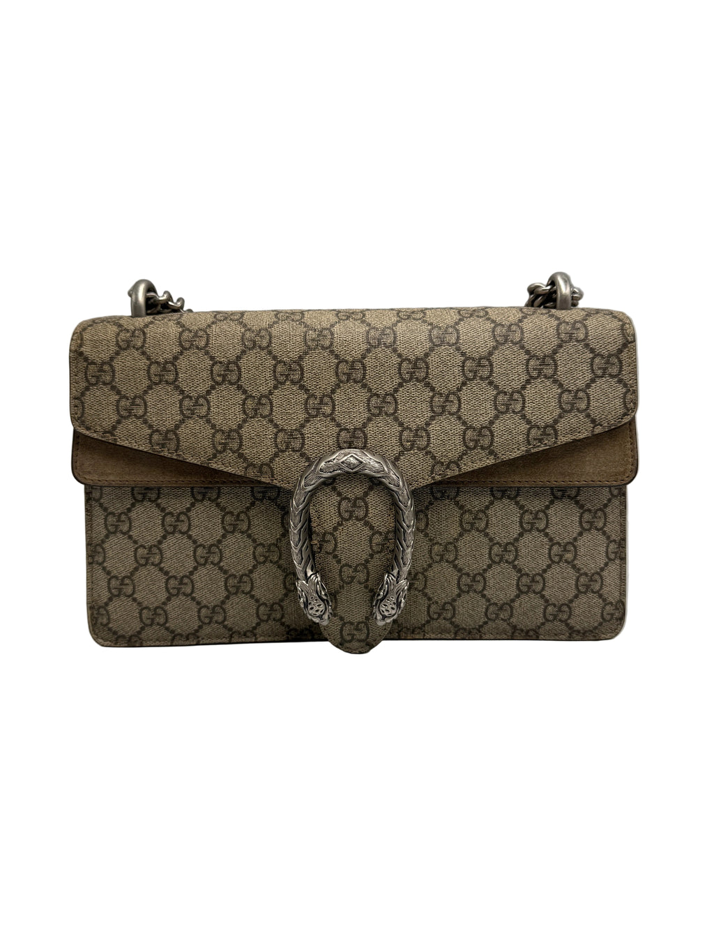 A Gucci Dionysus shoulder bag in brown GG Supreme canvas with a silver-tone metal snake clasp, shown against a neutral gray background.