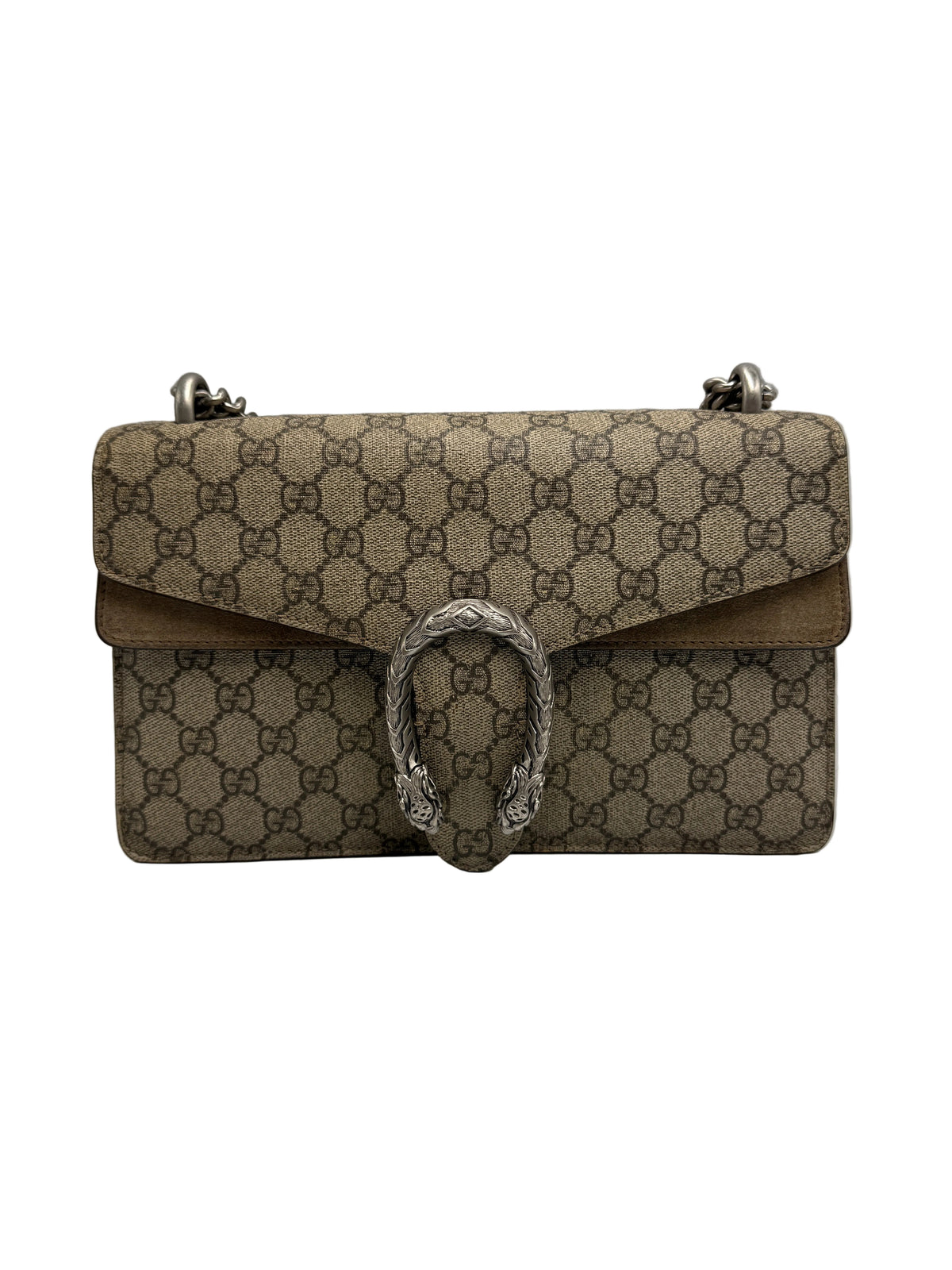 A Gucci Dionysus shoulder bag in brown GG Supreme canvas with a silver-tone metal snake clasp, shown against a neutral gray background.