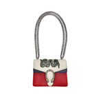 Gucci Dionysus Mini tricolor leather shoulder bag featuring crystal-embossed snake motif and jeweled tiger head spur.