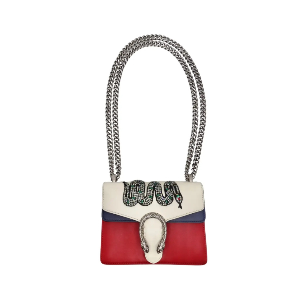 Gucci Dionysus Mini tricolor leather shoulder bag featuring crystal-embossed snake motif and jeweled tiger head spur.