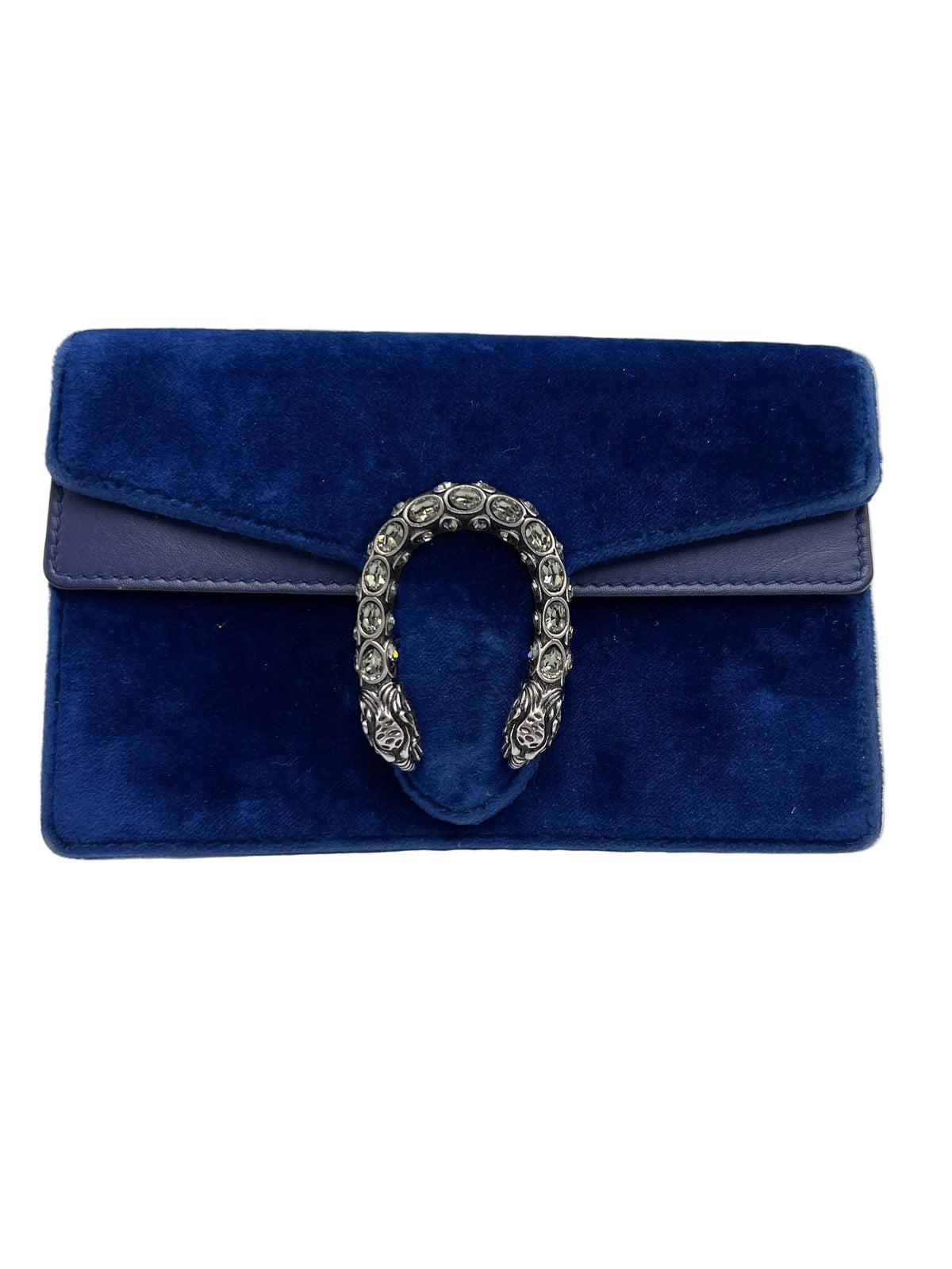 Front view of a Gucci Dionysus Super Mini bag in royal blue velvet with crystal tiger head spur closure