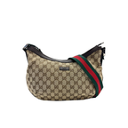 Authentic Gucci Half Moon shoulder bag in beige GG canvas with a signature green and red Sherry Line web strap.