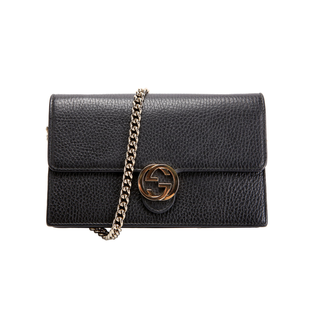 Authentic Gucci Interlocking G Wallet on Chain in black pebbled leather with gold chain strap and Interlocking G logo.