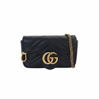 authentic gucci mini marmont leather bag in black with gold chain strap and key ring and GG logo in the front for sale 