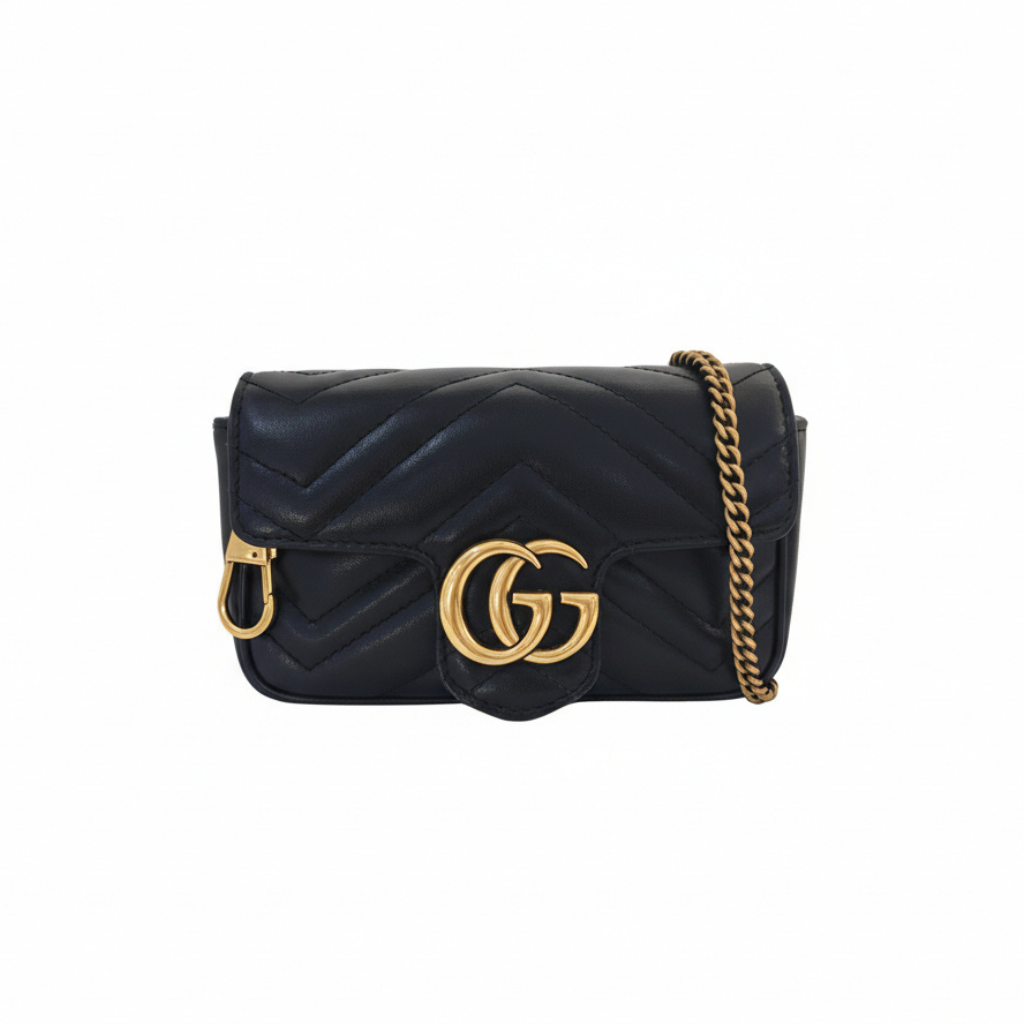 authentic gucci mini marmont leather bag in black with gold chain strap and key ring and GG logo in the front for sale 