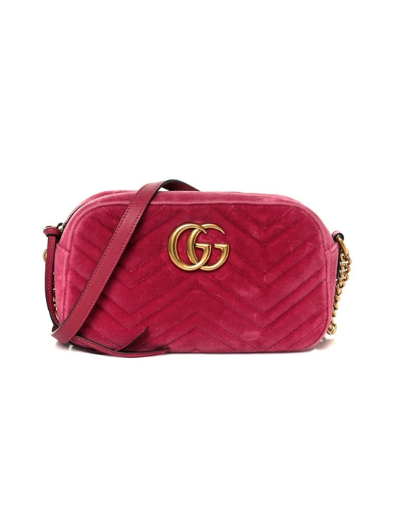Front view of a Gucci GG Marmont small camera bag in fuchsia pink chevron quilted velvet with antique gold-tone Double G logo.