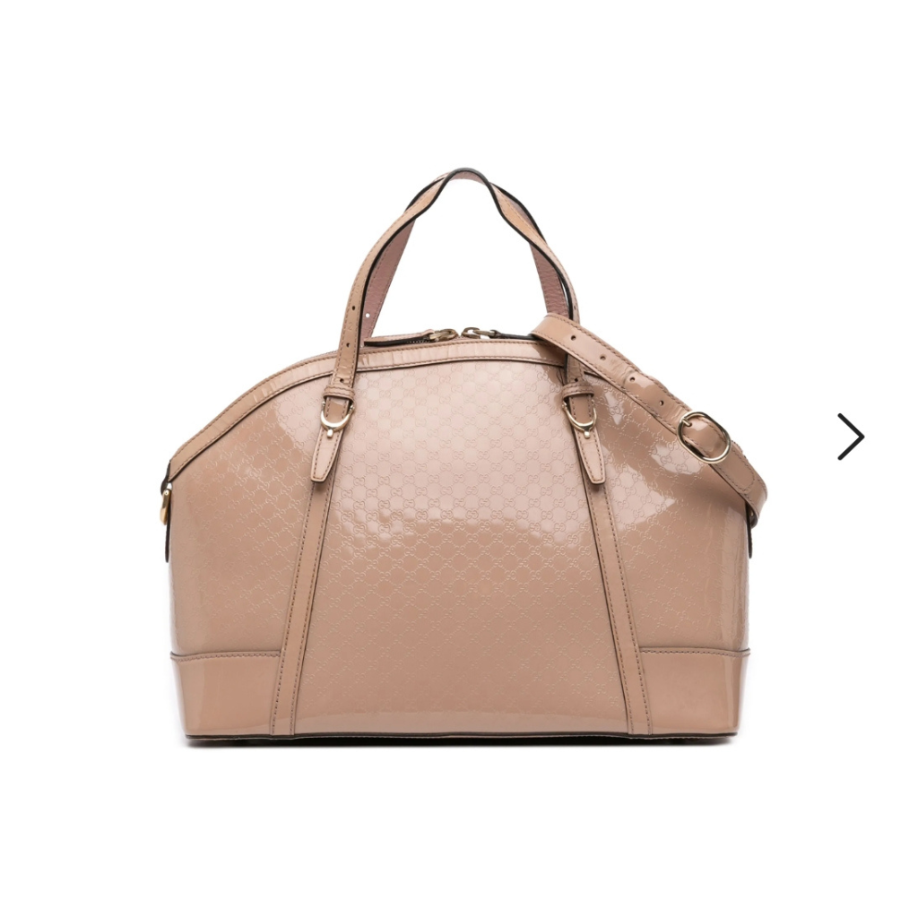 Gucci Microguccissima dome bag in beige patent leather with embossed GG monogram, double top handles, and adjustable shoulder strap