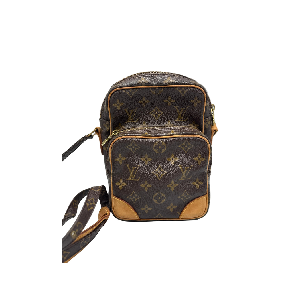 Vintage Louis Vuitton Monogram Amazon crossbody bag with dual zipped compartments and vachetta leather trim.