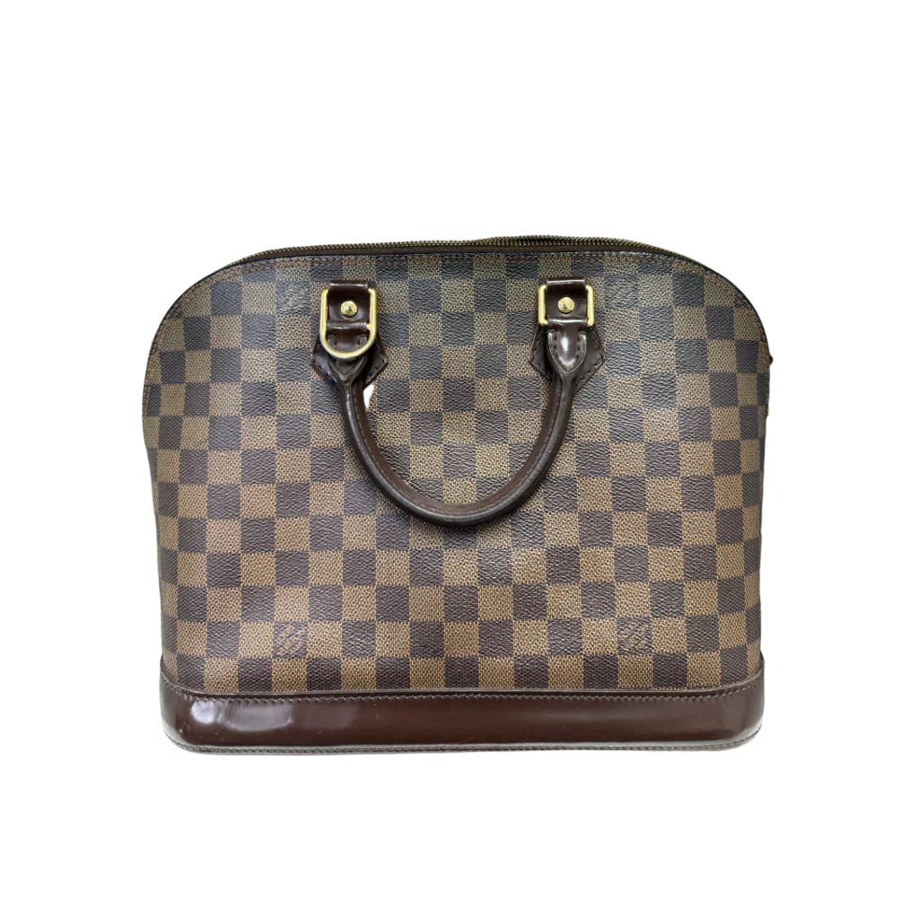 Front view of a Louis Vuitton Alma PM handbag in Damier Ébène canvas with dark brown leather trim and gold hardware.
