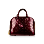 Front view of Louis Vuitton Alma PM in glossy Rouge Fauviste Monogram Vernis leather with gold-tone hardware.