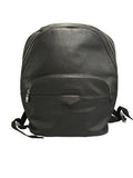 Front view of a Louis Vuitton Anton backpack in black Taiga leather with front zippered pocket and silver hardware.