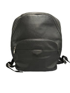 Front view of a Louis Vuitton Anton backpack in black Taiga leather with front zippered pocket and silver hardware.