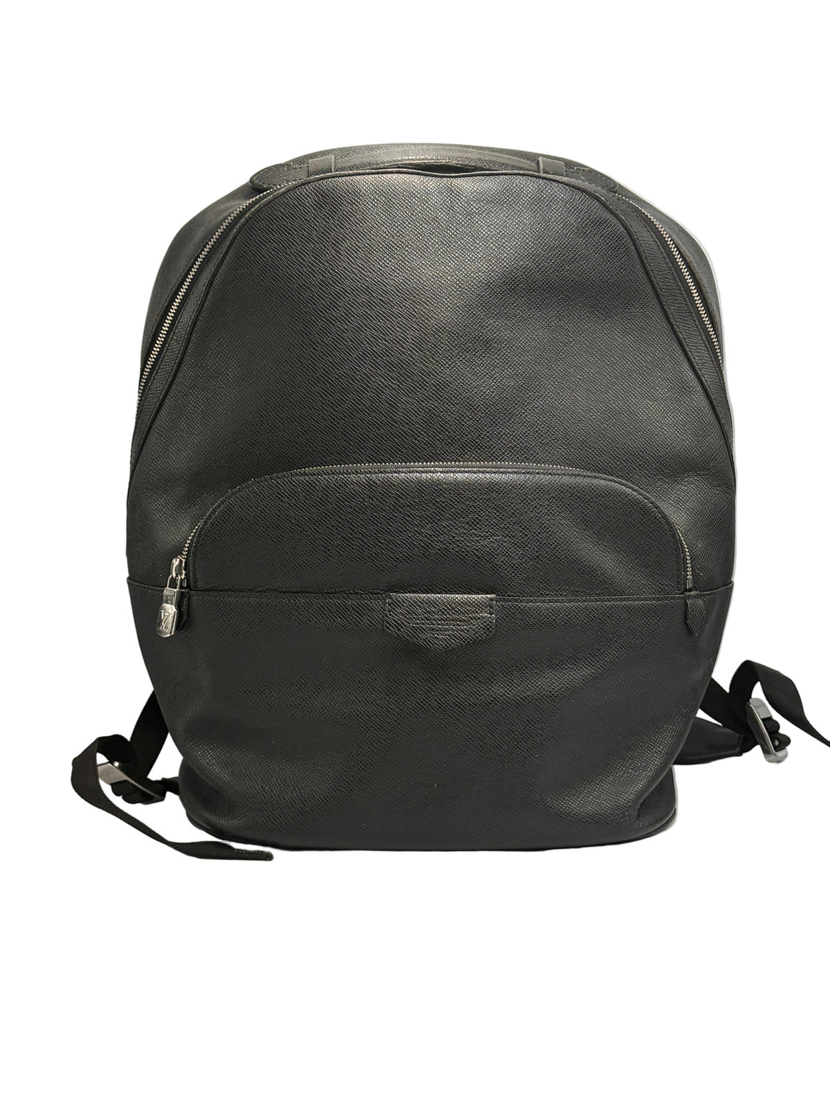 Front view of a Louis Vuitton Anton backpack in black Taiga leather with front zippered pocket and silver hardware.