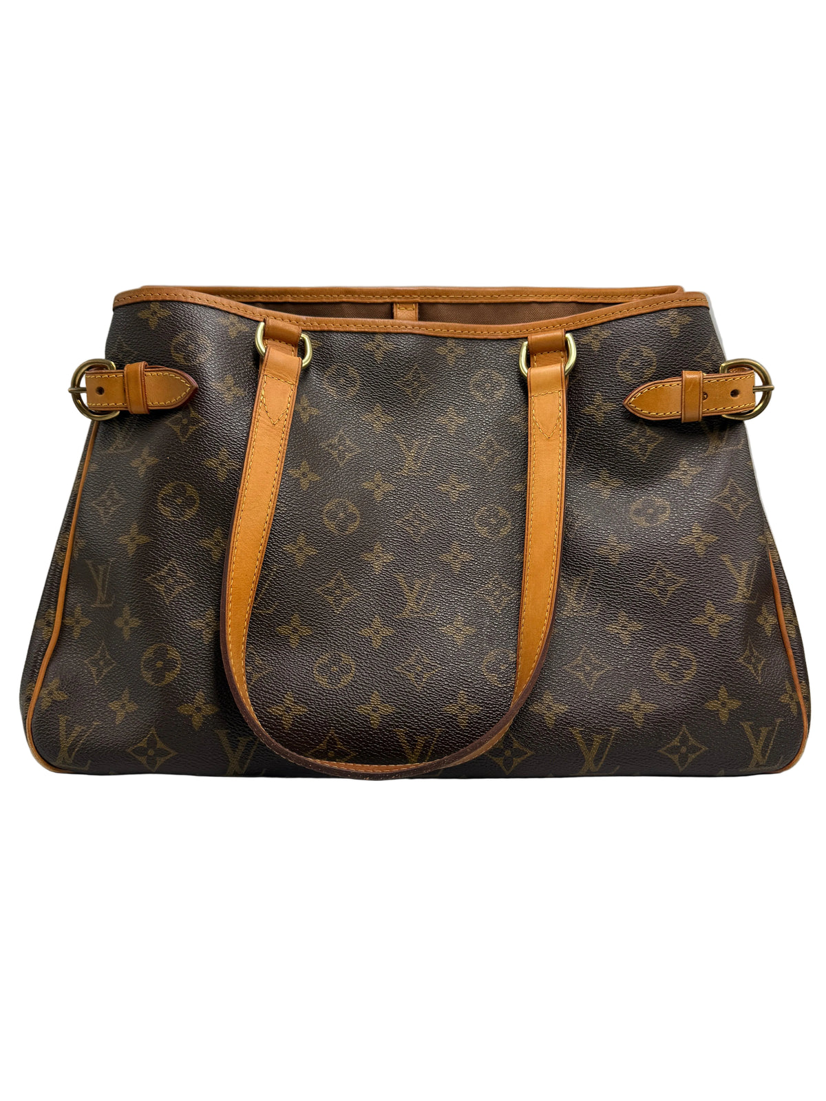 Front view of a vintage Louis Vuitton Batignolles Horizontal tote bag in Monogram canvas with tan vachetta shoulder straps and side buckles.
