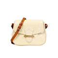 Front view of a Louis Vuitton Bellflower bag in Blanc Corail Monogram Vernis leather with Vachetta leather buckle closure.