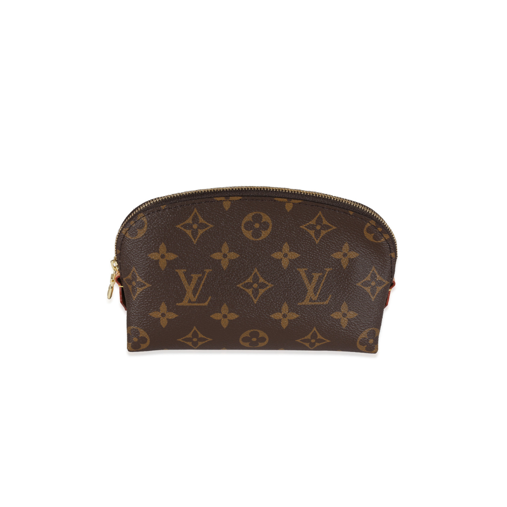 Front view of a Louis Vuitton Cosmetic Pouch MM in Monogram canvas featuring a gold-tone zipper.