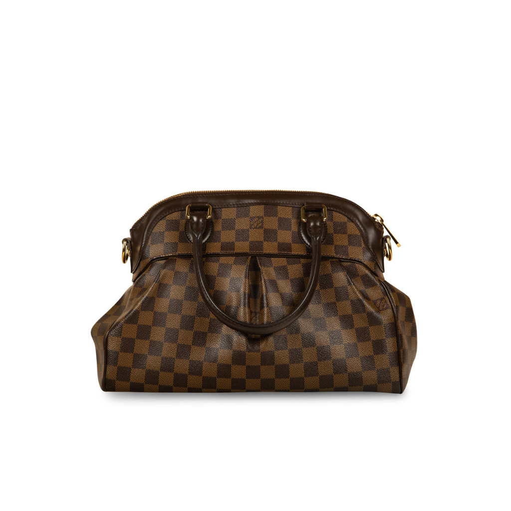 Front view of Louis Vuitton Trevi GM bag in Damier Ebene canvas with brown leather trim and pleated design.