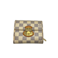 Front, back, and interior views of a Louis Vuitton Koala wallet in damiere azur canvas with gold-tone press-lock.