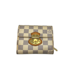 Front, back, and interior views of a Louis Vuitton Koala wallet in damiere azur canvas with gold-tone press-lock.