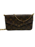 Front view of a Louis Vuitton Félicie Pochette in Monogram canvas with gold-tone chain strap and press-stud closure.
