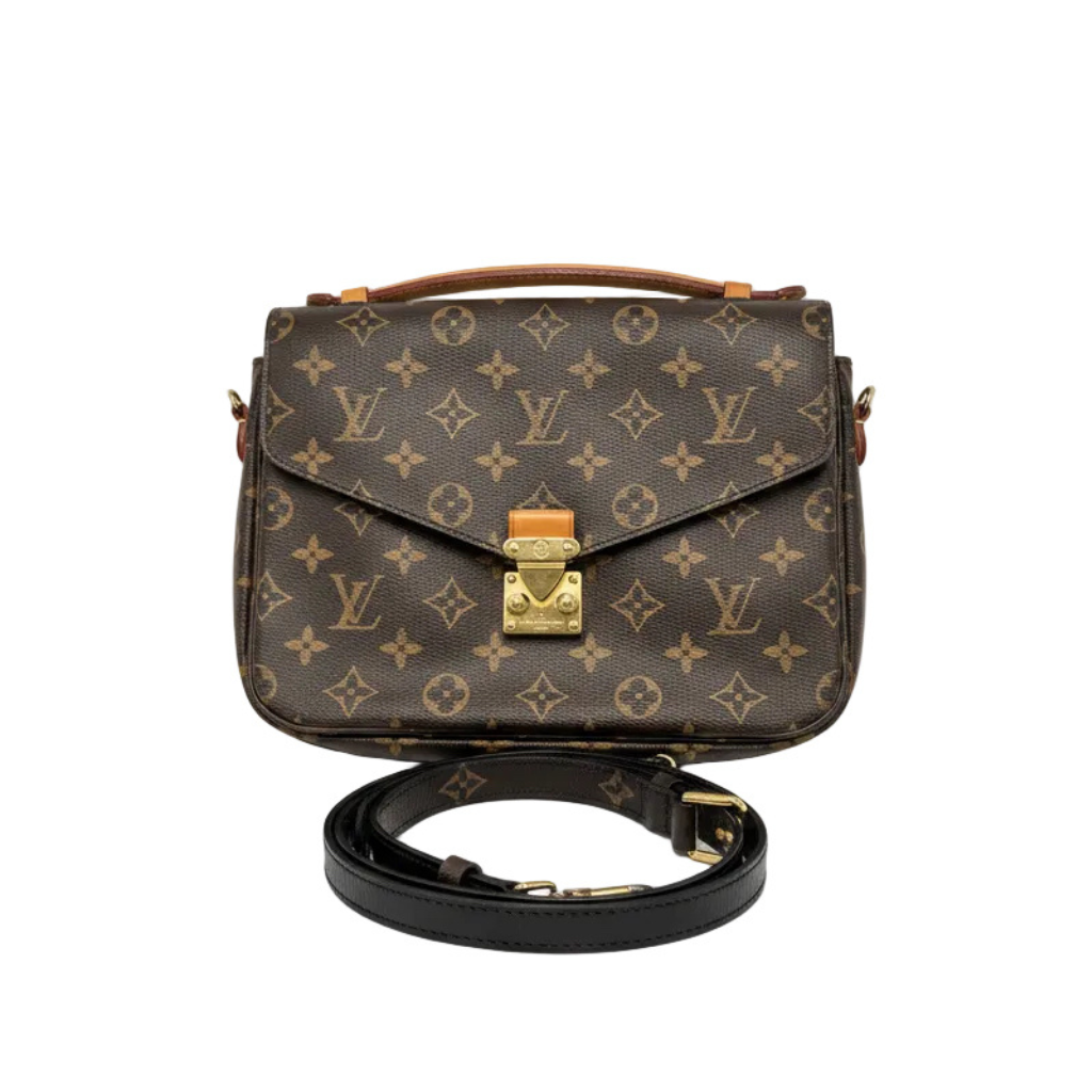 Front view of Louis Vuitton Pochette Métis in Monogram canvas showing S-lock closure