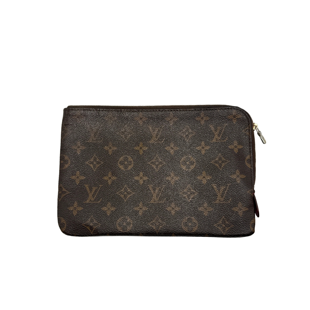 Louis Vuitton rectangular pouch in brown Monogram canvas with a zip-top closure and red grained leather interior