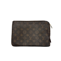 Louis Vuitton rectangular pouch in brown Monogram canvas with a zip-top closure and red grained leather interior