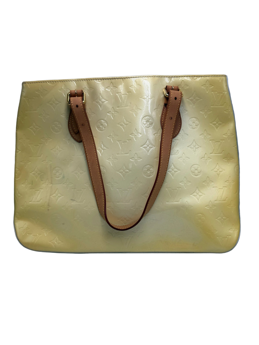Front view of a Louis Vuitton Monogram Vernis Houston tote bag in light yellow patent leather with Vachetta straps