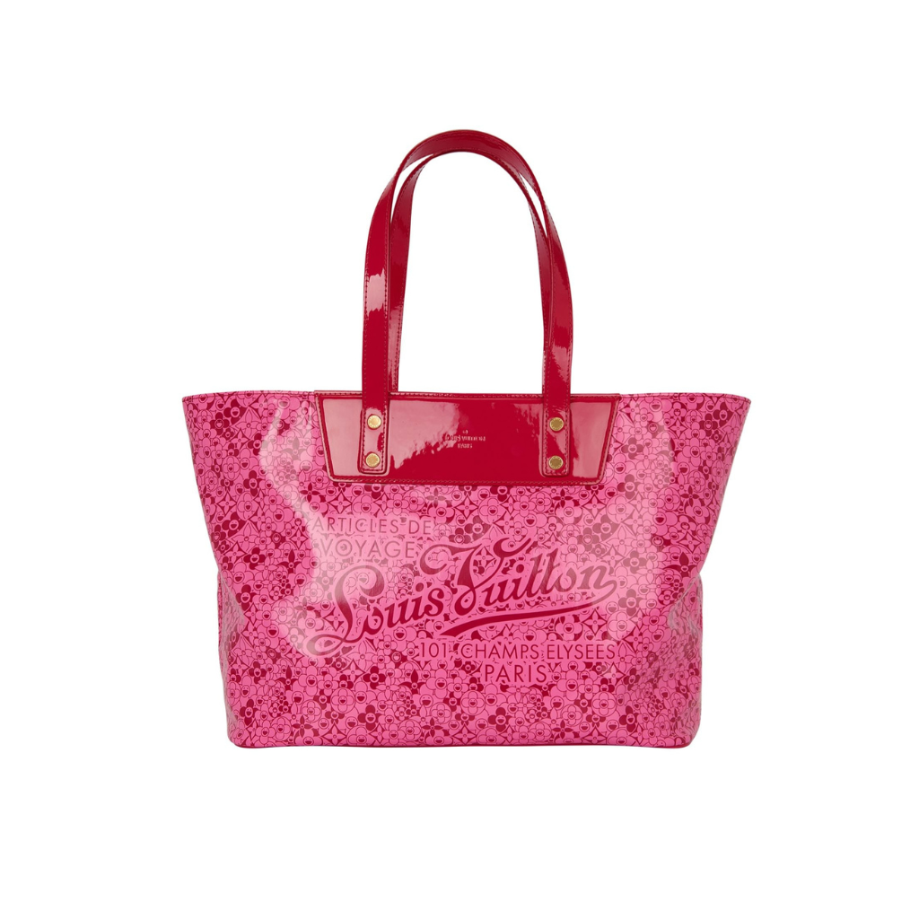 Authentic Louis Vuitton x Takashi Murakami Pink Monogram Vernis Promenade Tote bag with red patent leather handles.