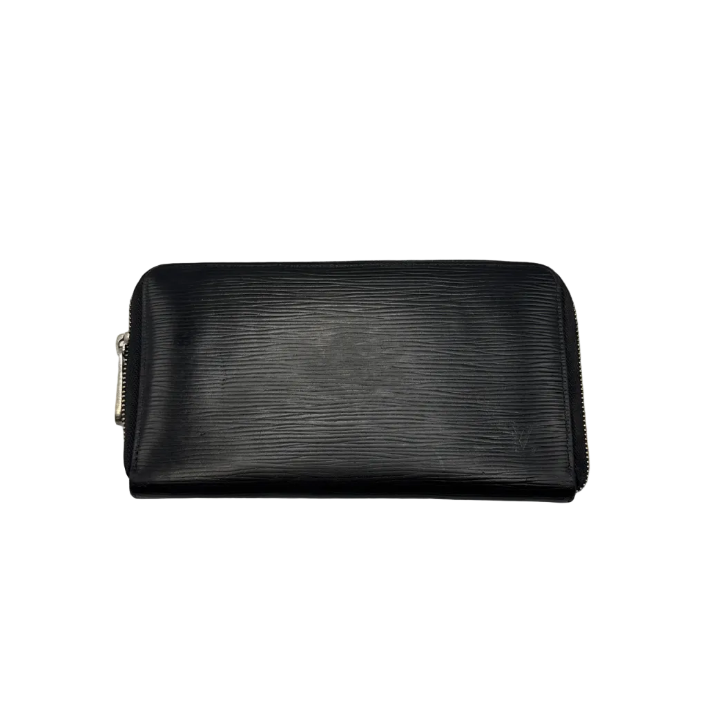 Louis Vuitton long wallet in black Epi leather with a subtle LV logo embossed in the bottom corner