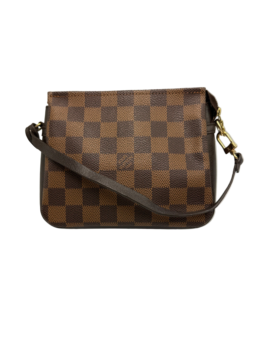 A Louis Vuitton shoulder bag in the Damier Ebene checkered canvas, featuring a brown and tan checkerboard pattern, dark brown leather strap, and gold-tone hardware, photographed on a neutral light gray background.