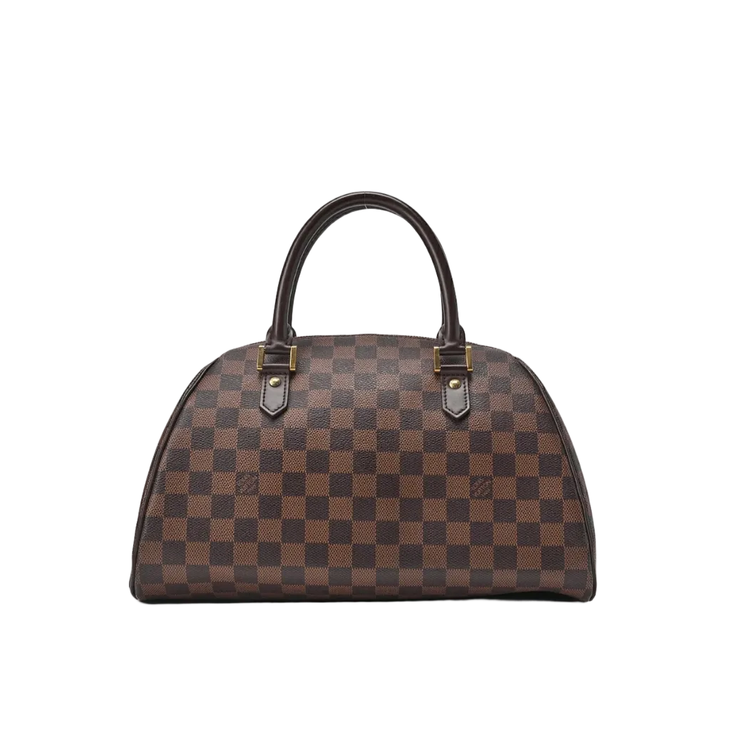 Front view of a Louis Vuitton Ribera MM handbag in Damier Ébène canvas with dark brown leather handles and gold hardware.