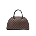 Front view of a Louis Vuitton Ribera MM handbag in Damier Ébène canvas with dark brown leather handles and gold hardware.