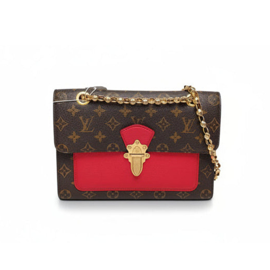 preowned authentic louis vuitton monogram canvas victoria with red leather detail and gold hardware crossbody bag in excellent condition for sale