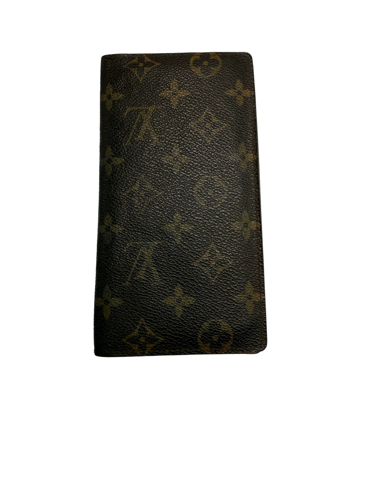 A Louis Vuitton monogram canvas checkbook wallet in dark brown with tan monogram motifs, photographed flat against a plain off-white background.
